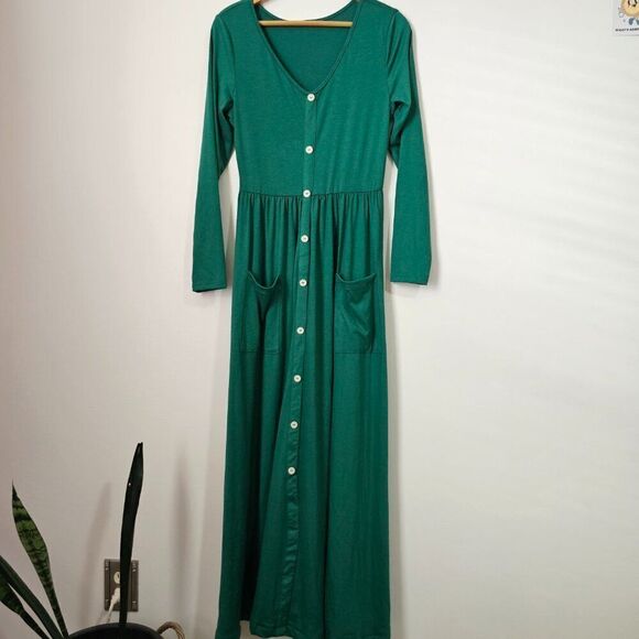 EUC LIKE NEW GREEN SCOOP NECK BUTTON DOWN SUPER MAXI LONGSLEEVE DRESS SIZE SMALL - Picture 1 of 15
